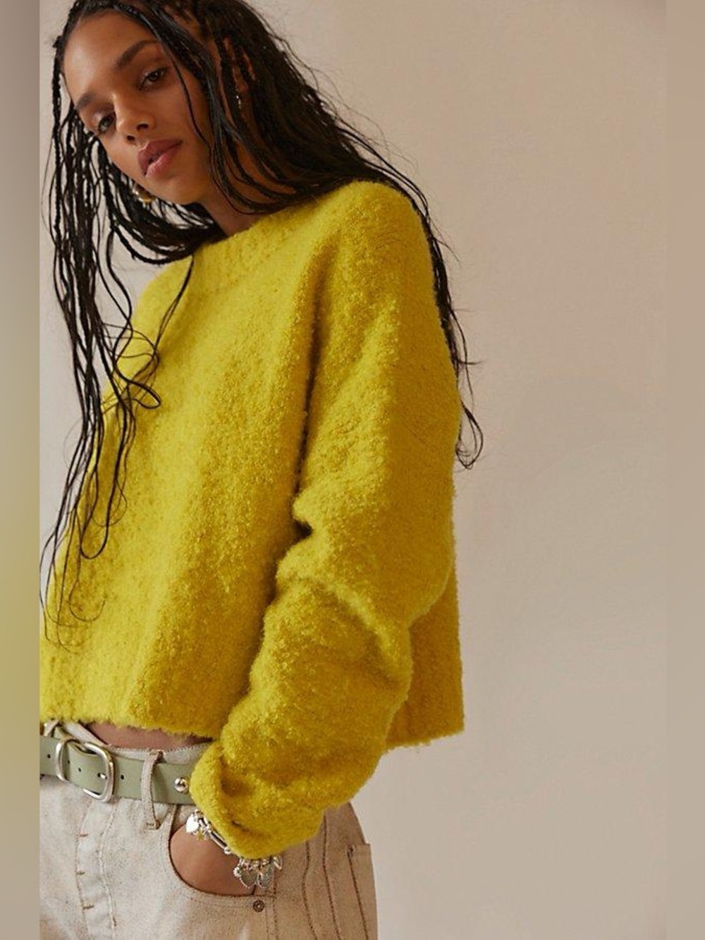 We The Free People Stormy Crewneck Boxy Textured Knit Sweater in Yellow Medium